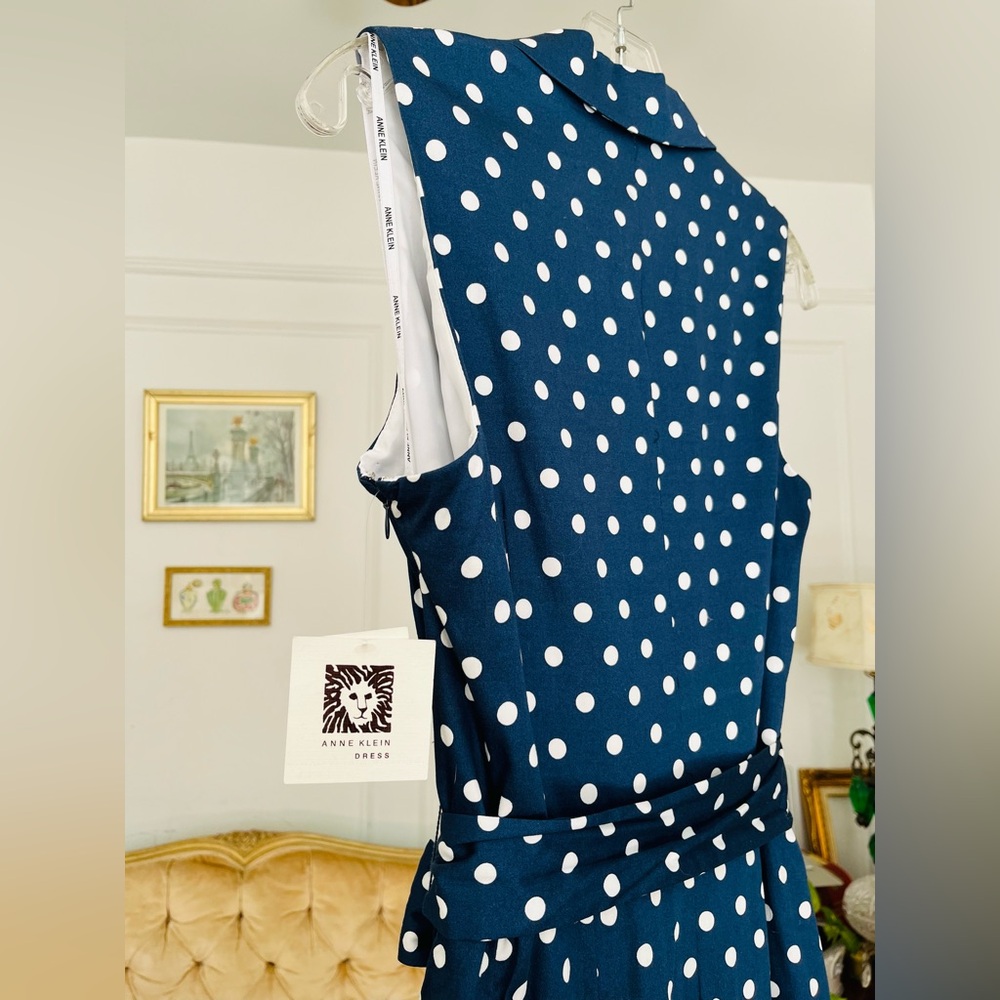 Anne Klein Cotton Dress Navy Blue Polka Dot Belted Fit & Flare Cadet Combo NWT - Picture 7 of 12